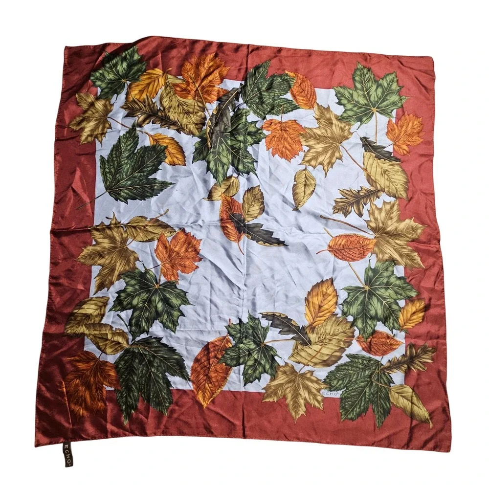 Echo Silk Square Scarf Autumn Leaves Foliage Botanical Print 35x35 Cottagecore